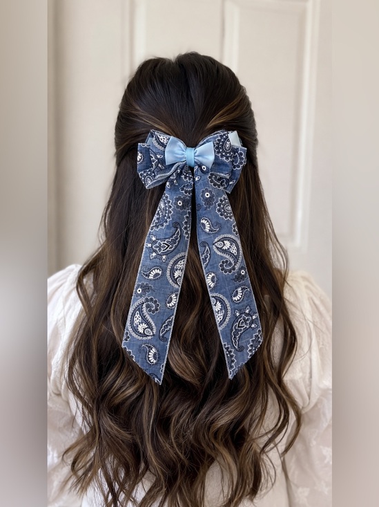Hand Crafted Accessories - Denim Blue Paisley Print Hair Bow